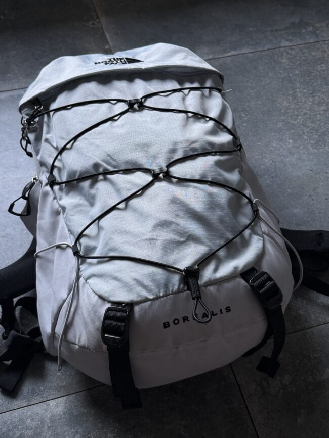 Light gray outdoor backpack with black bungee cords crisscrossing the front and The North Face logo visible on the top flap.