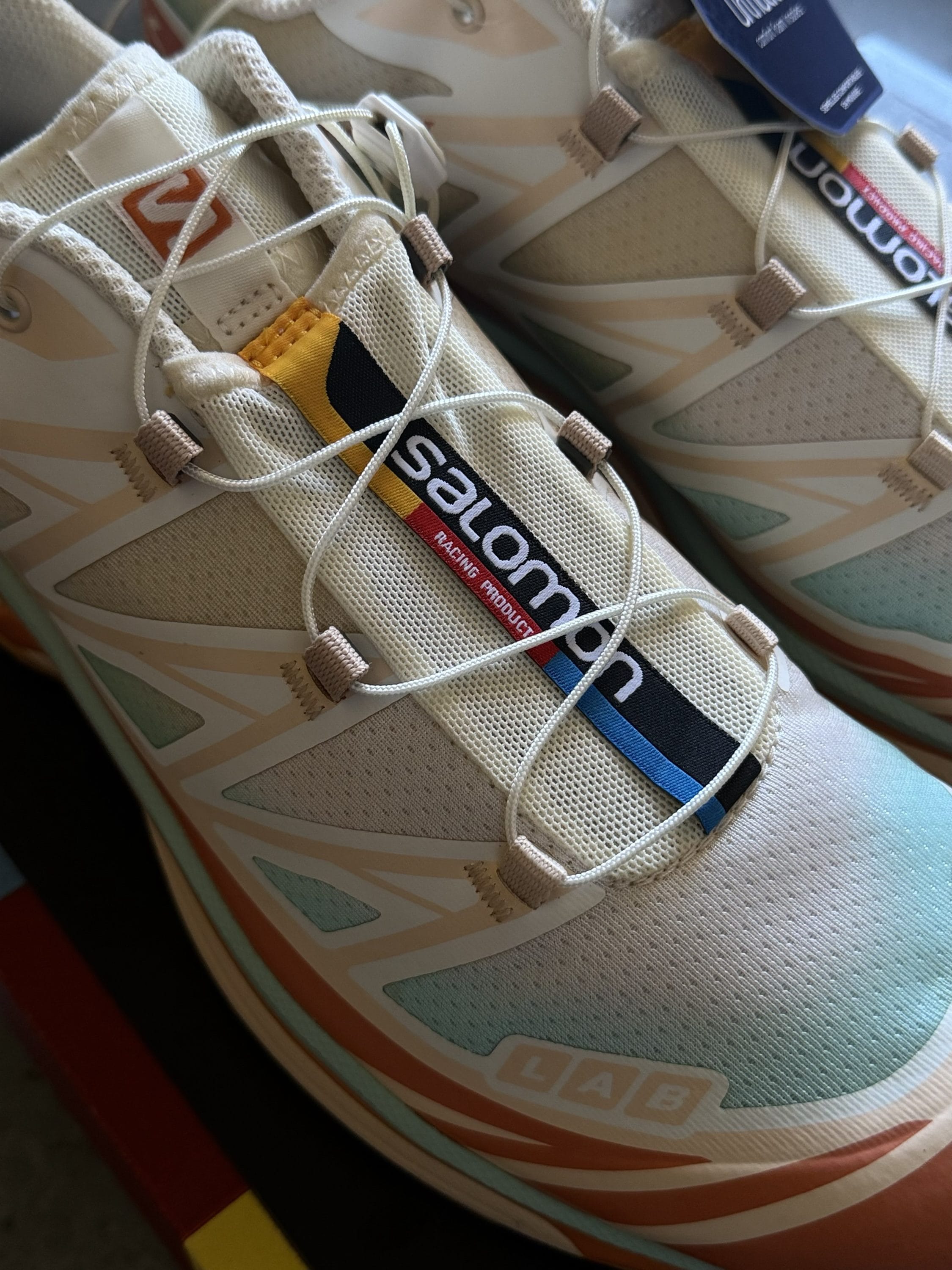 Close-up of beige Salomon hiking shoe showing laces, mesh panels, and brand tag on the tongue.