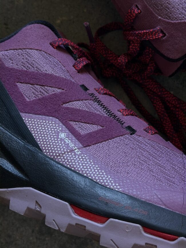Close-up of a purple athletic shoe with red and black laces, showing textured fabric and midsole details.