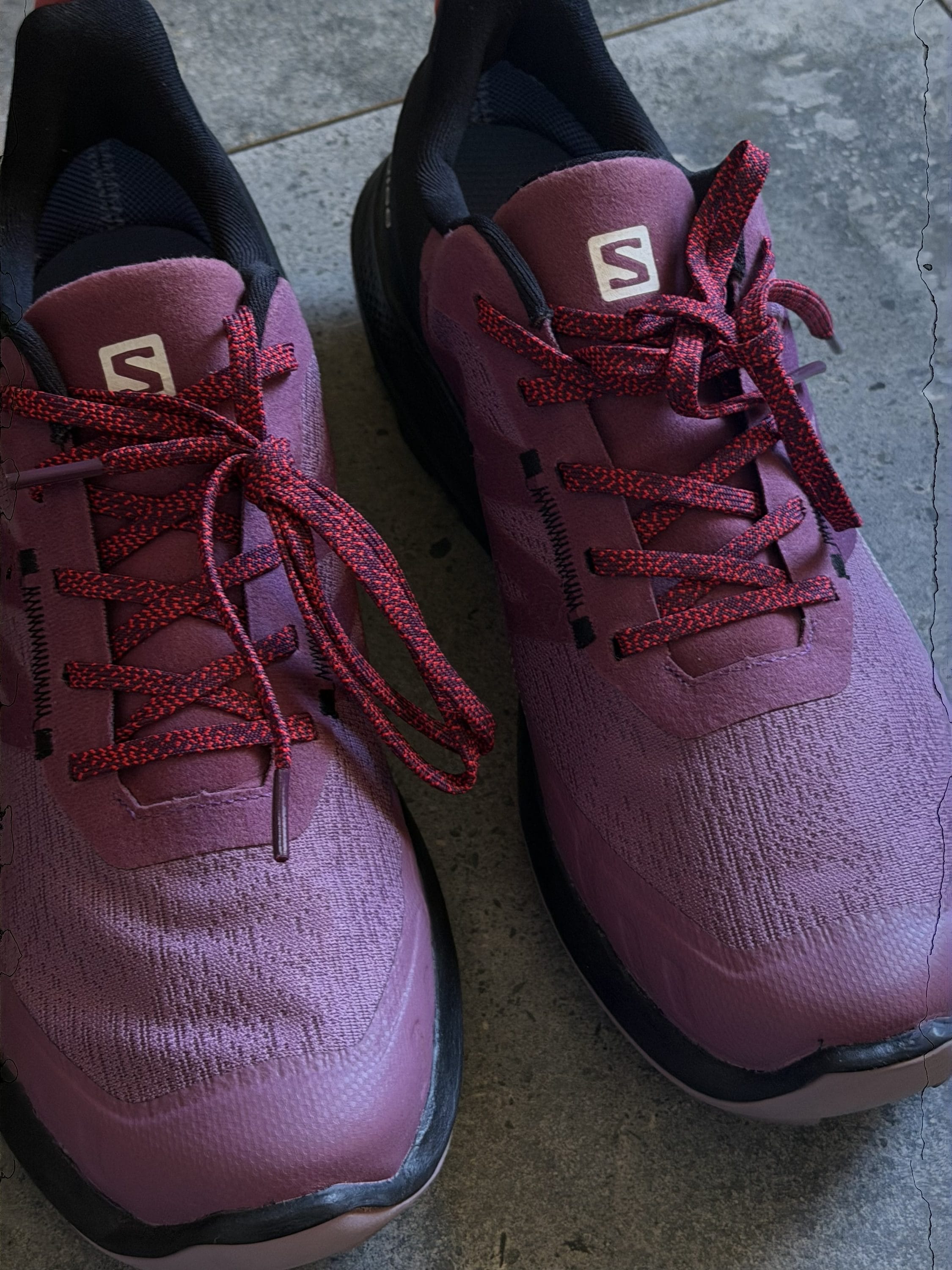 Purple athletic sneakers with red laces resting on a gray floor; white S logo on the tongue of each shoe.