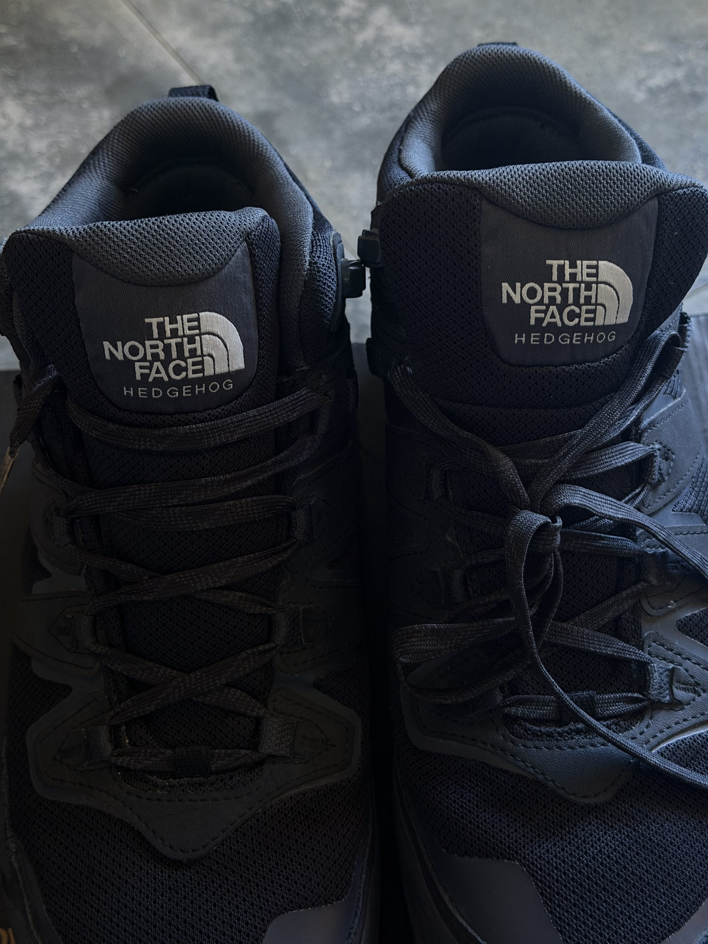 Pair of black The North Face Hedgehog hiking boots viewed from above, showing padded mesh tongues and laced uppers.